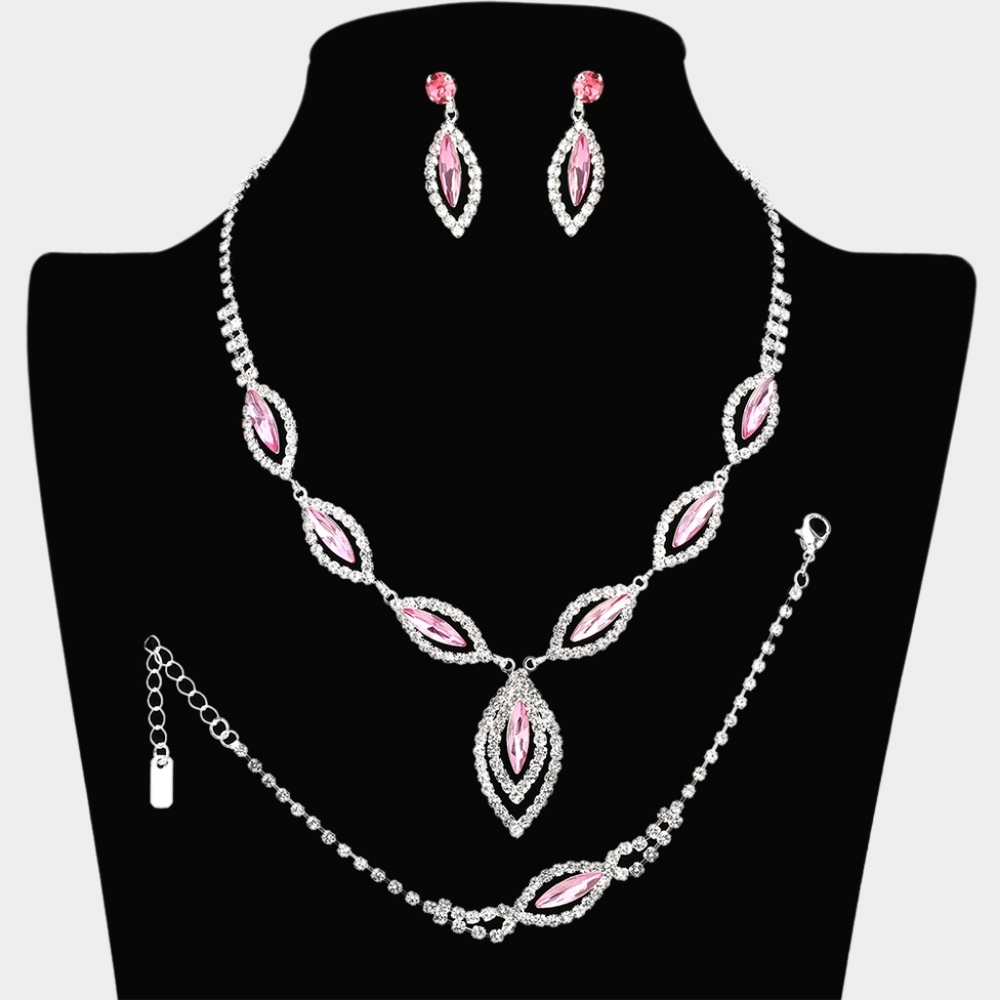 Silver Pink 3 Piece Marquise Crystal Necklace Jewelry Set Prom Formal Fashion